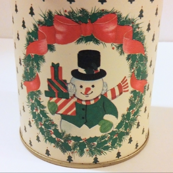 Vintage Christmas Tin with Festive Snowman and Wreath Graphics for the Holidays - Picture 2 of 7